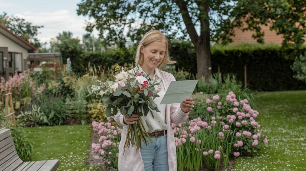 Mutter freut sich über einen Blumenstrauß und einen Brief